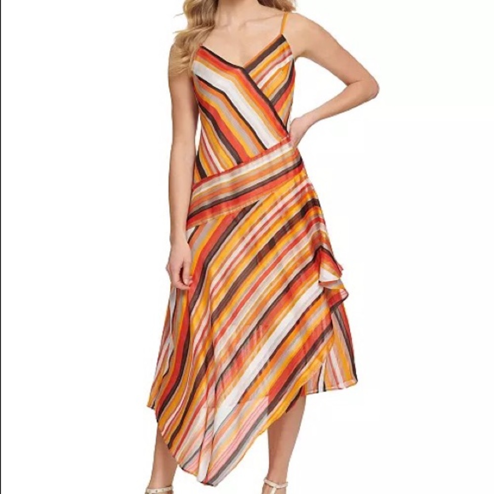 DKNY STRIPED ASYMMETRICAL DRESS